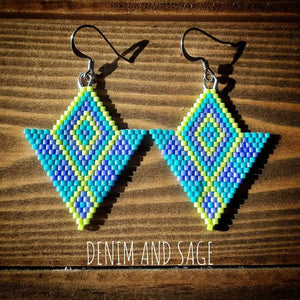Purple, blue and chartreuse beaded earrings. Indigenous handmade.