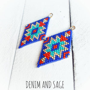 Blue, gold and red beaded delica earrings. Indigenous Handmade