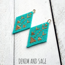 Load image into Gallery viewer, Turquoise and gold arrow earrings. Indigenous handmade.
