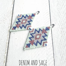 Load image into Gallery viewer, Mint green and navy beaded earrings. Indigenous handmade
