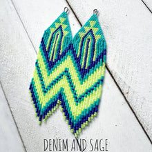 Load image into Gallery viewer, Teal, neon yellow and blue beaded earrings. Indigenous handmade.
