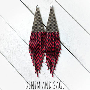 Metallic steel, red and black beaded earrings. Indigenous handmade.